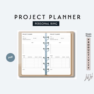 May include: A project planner with a simple theme. The planner has a brown cover with a ring binding. The pages are white with black text and lines. The planner is labeled "Project Planner" and "Simple Theme Productivity".