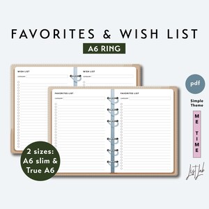 A6 Ring Favoriten und Wunschliste Set - Druckbare Ringplaner PDF - Simple Theme