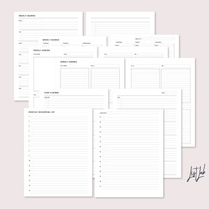 May include: Printable planner pages with a black and white design. The pages include weekly agenda, monthly recurring list, and year planner sections.