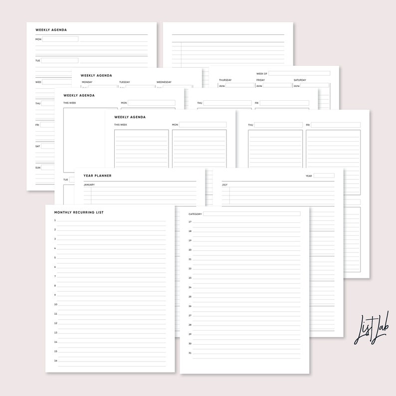 May include: Printable planner pages with a black and white design. The pages include weekly agenda, monthly recurring list, and year planner sections.
