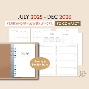 FC COMPACT July 2025 to December 2026 Yearly Monthly Weekly Wo2p HORIZONTAL Printable Ring Planner Inserts Set, Week on 2 Pages Blank Style