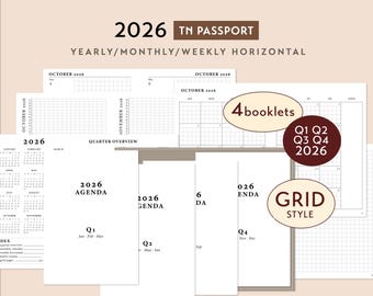 Passport TN 2026 GRID Style Pre-arranged Printable Bundle - Weekly Wo2P Horizontal | Traveler's Notebook Predated 4 Booklets Insert Set