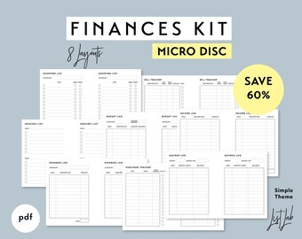 MICRO Disc FINANZEN Kit | Druckbare minimalistische Discbound Planer Einlagen Set | Einfache 13 Layouts, Einnahmen, Ausgaben, Ersparnisse, Bill Tracker