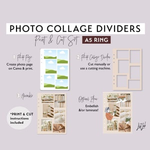May include: A printable photo collage divider set for A5 ring binders. The set includes a template for a photo page, a collage divider template, and a sample assembled page with photos of books and flowers. The instructions for printing and cutting are included.