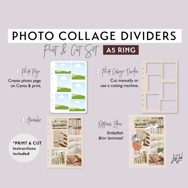 May include: A printable photo collage divider set for A5 ring binders. The set includes a template for a photo page, a collage divider template, and a sample assembled page with photos of books and flowers. The instructions for printing and cutting are included.