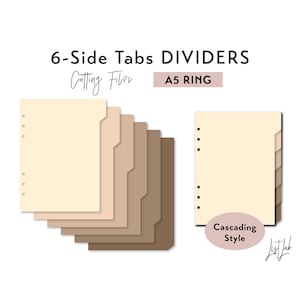 Divisores de abas laterais tamanho anel A5 com 6 abas - Estilo abas em cascata - Conjunto de arquivos de corte e vinco - svg, png, pdf | planejador faça você mesmo
