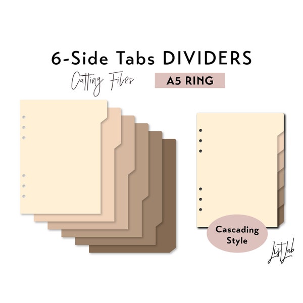 A5 Ring size 6 SIDE Tab Dividers - Cascading Tabs Style – Die Cutting Files Set - svg, png, pdf | diy planner