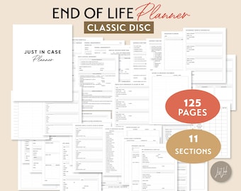 May include: A white "Just In Case Planner" notebook with the text "End of Life Planner" and "Classic Disc" in black and red. The planner includes 125 pages and 11 sections.