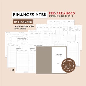 Puede incluir: Un kit imprimible para una libreta de finanzas. El kit incluye páginas para llevar un registro de ingresos, gastos, presupuestos, facturas, ahorros y más. Las páginas están diseñadas con una fuente serif y están preorganizadas en un orden estándar. El kit está etiquetado como "FINANCES NTBK PRE-ARRANGED PRINTABLE KIT" y "TN STANDARD".