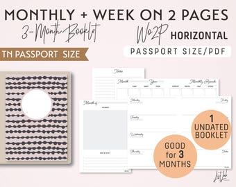 PASSPORT Grootte Maandelijks-Week op 2 Pagina's Horizontaal Afdrukbaar Boekje Invoegen - Goed voor 3 maanden - past Traveler's Notebook Paspoort Grootte