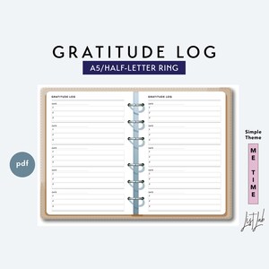 REGISTRO DE GRATITUD A5 y media letra - Inserción imprimible del planificador de anillos - Tema simple