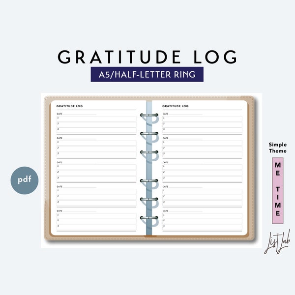 A5 and Half-Letter GRATITUDE LOG - Printable Ring Planner Insert - Simple Theme