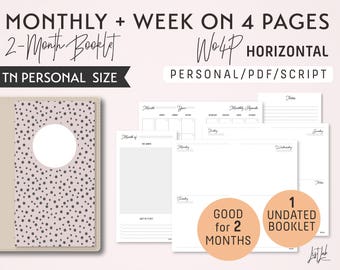 May include: A printable planner booklet for a personal size traveler's notebook. The cover features a pink background with black polka dots and a circle cut out. The booklet includes monthly and weekly spreads, and is good for two months. The text "Wo4p HORIZONTAL" and "PERSONAL/PDF/SCRIPT" is included in the image.