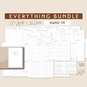 May include: A planner bundle with the text "EVERYTHING BUNDLE" and "NANO TN". The bundle includes 27+ layouts and 26 covers. The planner pages are white with black text and include sections for budgeting, shopping lists, and monthly calendars. A tan cover is on the left.