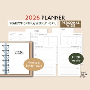 May include: A 2026 planner with a spiral binding, featuring yearly, monthly, and weekly layouts. The cover displays "2026 PLANNER" in a minimalist font. Additional pages include daily and weekly spreads, with the text "Monday & Sunday Start" and "LINED Weekly".