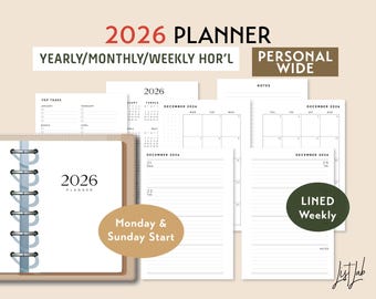 2026 Personal Wide Ring Yearly Monthly LINED Weekly Wo2p HORIZONTAL Printable Planner Insert Set, DIY Planner