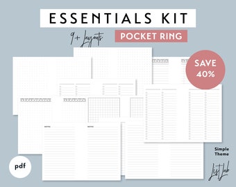 Pocket Ring ESSENTIALS KIT | Printable Minimalist Ring Planner Inserts Set | pdf | Simple | 9+ layouts, Dot Grid, Lined, Notes, List Pages