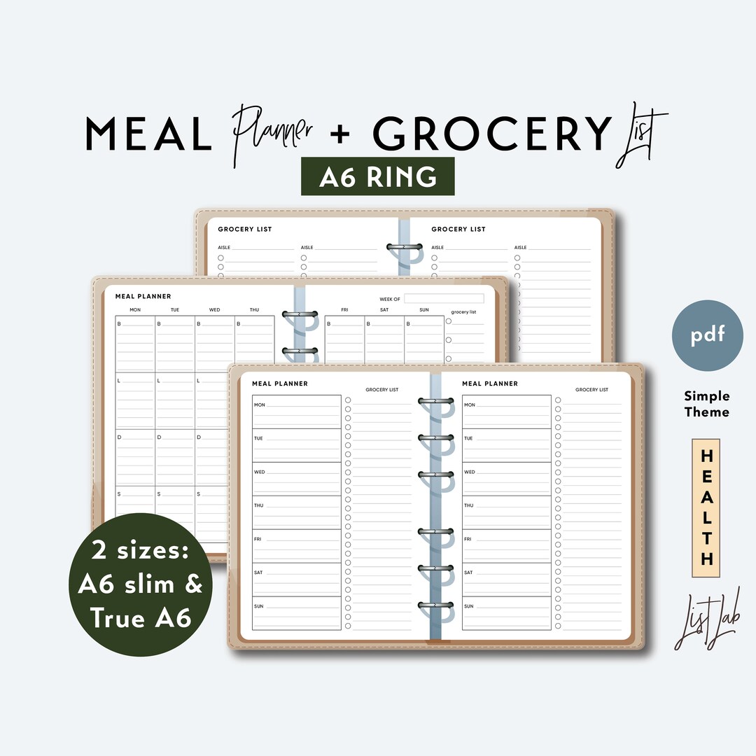 A6 Ring MEAL PLANNER and GROCERY List - Printable Ring Planner Insert ...