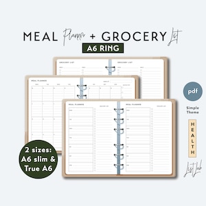 May include: A6 ring bound planner with a meal planner and grocery list on each page. The planner has a simple design with a brown cover and white pages. The text "MEAL Planner + GROCERY List" is printed on the cover. The text "A6 RING" is printed below the title. The text "2 sizes: A6 slim & True A6" is printed on the left side of the image. The text "pdf Simple Theme HEALTH List Lab" is printed on the right side of the image.