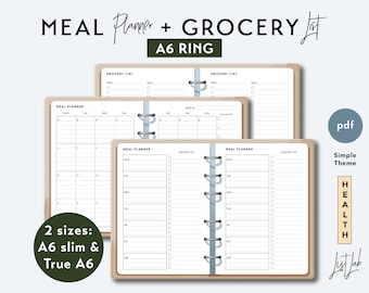 A6 Ring MEAL PLANNER and GROCERY List - Printable Ring Planner Insert pdf - Simple Theme