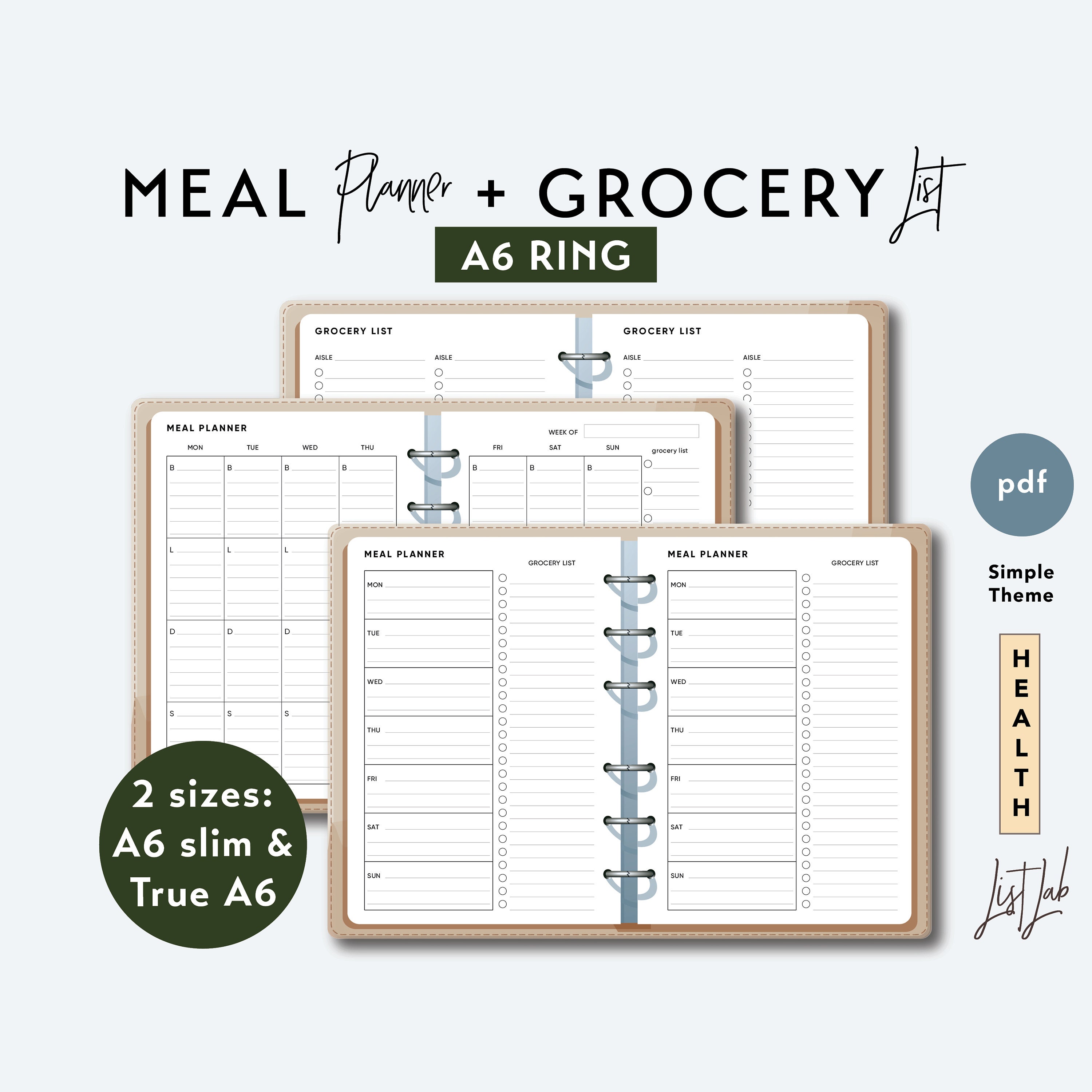 A6 Ring MEAL PLANNER and GROCERY List - Printable Ring Planner Insert ...