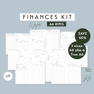 May include: A printable finances kit with 13 layouts for A6 ring binders. The kit includes pages for tracking bills, coupons, purchases, savings, debt repayment, and monthly budgets. The kit is available in two sizes: A6 slim and true A6. The text "Save 60%" is displayed in a green circle.