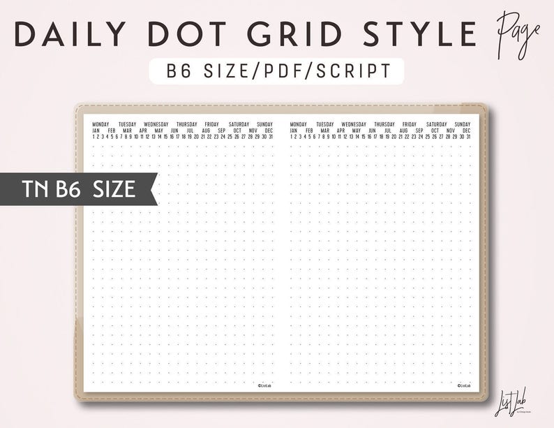 B6 TN Daily Dot Grid Traveler's Notebook Printable Insert PDF Script Theme image 1