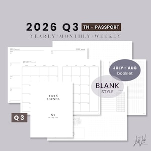 Passport TN Q3 2026 juli till september BLANK-stil utskrivbar anteckningsbok - Veckovis Wo2P horisontell | Reseanteckningsbok predaterad häfte