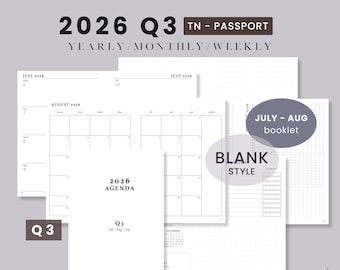 Passport TN Q3 2026 July to September BLANK Style Printable Notebook - Weekly Wo2P Horizontal | Traveler's Notebook Predated Booklet