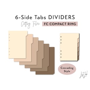 Peut inclure: Six séparateurs à six côtés en cascade pour un classeur à anneaux compact. Les onglets sont dans des tons beige et marron. Le texte "Cutting Files FC Compact Ring" est visible sur l'image.
