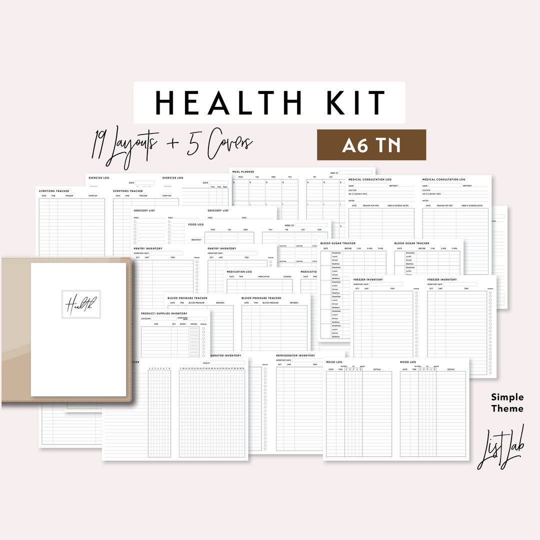 A6 TN HEALTH KIT | Printable Minimalist Traveler's Notebook Inserts Set ...
