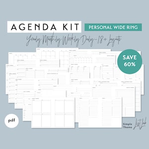 Personal Wide AGENDA KIT | Printable Minimalist Ring Planner Inserts Set pdf | Simple 18+ layouts | Yearly, Monthly, Weekly, Daily, Undated
