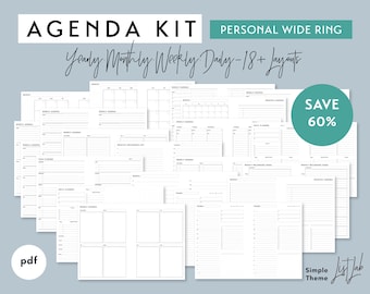 Personal Wide AGENDA KIT | Printable Minimalist Ring Planner Inserts Set pdf | Simple 18+ layouts | Yearly, Monthly, Weekly, Daily, Undated