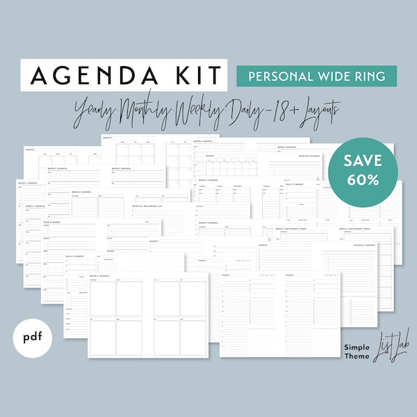 Personal Wide AGENDA KIT | Printable Minimalist Ring Planner Inserts Set pdf | Simple 18+ layouts | Yearly, Monthly, Weekly, Daily, Undated