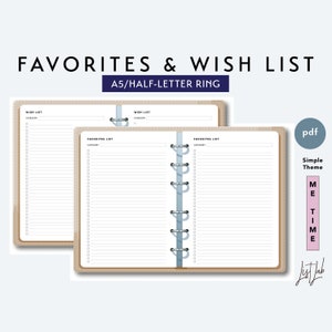 A5 en halve letters FAVORIETEN en VERLANGLIJSJES Set | Afdrukbare ring/discbound planner inserts set pdf |  Eenvoudig thema