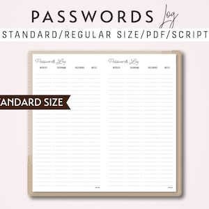 STANDARD Size TN Passwords Log - Traveler&#39;s Notebook Printable Insert PDF - Script Theme