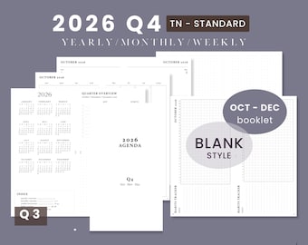 Standard TN Q4 October to December 2026 Printable Notebook - Weekly Wo2P Horizontal | Traveler's Notebook Predated Booklet