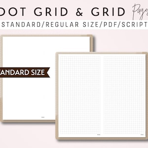 Könnte beinhalten: Zwei beige gerahmte Planerseiten, eine leere und eine mit einem Rastermuster, werden vor einem hellrosa Hintergrund angezeigt. Der Text "DOT GRID & GRID Pages" und "STANDARD/REGULAR SIZE/PDF/SCRIPT" stehen oben. Der Text "TN STANDARD SIZE" steht links.