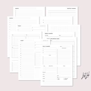 May include: A set of printable planner pages in black and white. The pages include a monthly agenda, weekly agenda, daily planner, and a to-do list. The pages are designed to help you stay organized and on track.