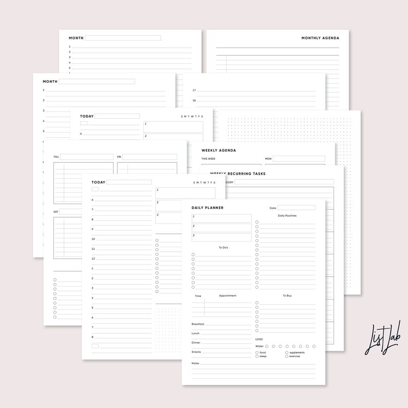May include: A set of printable planner pages in black and white. The pages include a monthly agenda, weekly agenda, daily planner, and a to-do list. The pages are designed to help you stay organized and on track.