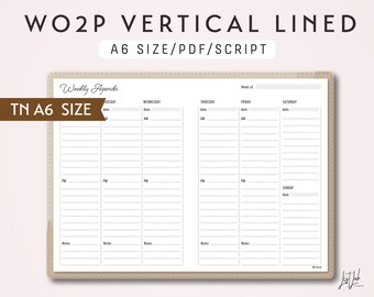 May include: A vertical lined weekly agenda with the text "WO2P VERTICAL LINED" and "A6 SIZE/PDF/SCRIPT". The agenda is designed for a TN A6 size and includes sections for each day of the week, with space for AM, PM, and notes.