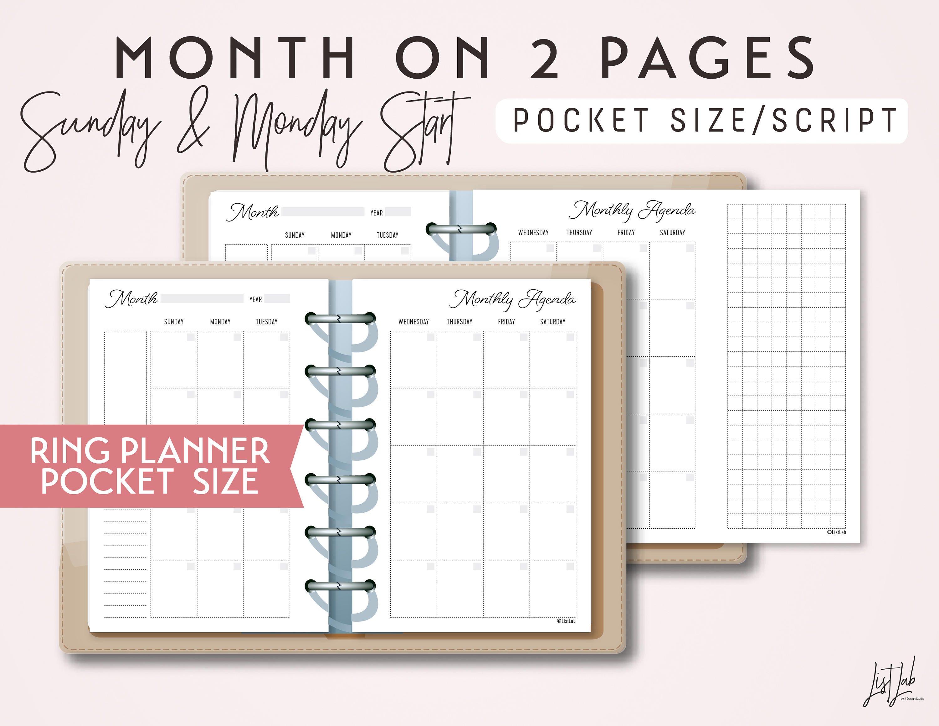 POCKET Size Month On 2 Pages Calendar Printable Ring Planner Etsy