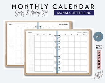 A5 and Half-Letter Month on 2 Pages with Variation - Printable Ring Planner Insert - Simple Theme