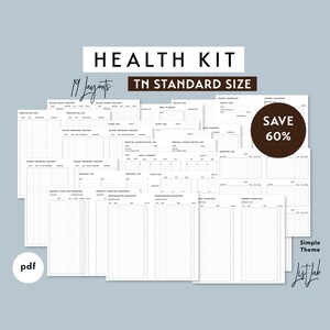 May include: A collection of 19 printable health tracker pages in a simple black and white design. The pages are designed for use in a TN standard size planner. The text "SAVE 60%" is visible in the upper right corner of the image. The text "Simple Theme List Lab" is visible in the lower right corner of the image.