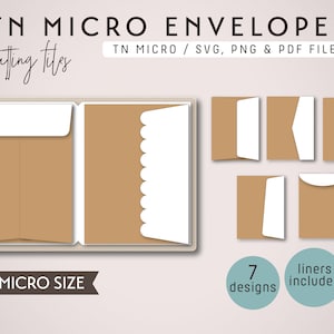 Op de afbeelding: Zeven verschillende ontwerpen van bruine papieren enveloppen met witte papieren voeringen. De enveloppen zijn bedoeld voor gebruik in een reisdagboek. De tekst "TN MICRO ENVELOPES" en "TN MICRO / SVG, PNG & PDF FILES" staat bovenaan de afbeelding. De tekst "TN MICRO SIZE" staat onderaan de afbeelding. De tekst "7 designs" en "liners included" staat in de rechterbenedenhoek van de afbeelding.