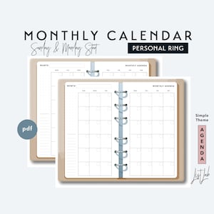 PERSONAL Size Month on 2 Pages Calendar - Printable Ring Planner Insert PDF - Simple Theme