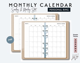 PERSONAL Size Month on 2 Pages Calendar - Printable Ring Planner Insert PDF - Simple Theme