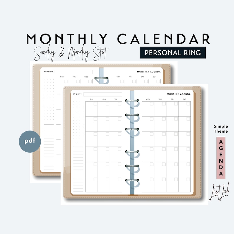 PERSONAL Size Month on 2 Pages Calendar Printable Ring Planner Insert PDF Simple Theme image 1