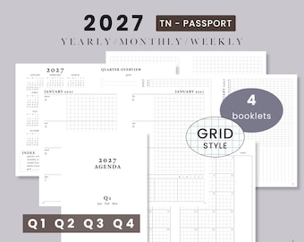 Passport TN 2027 GRID Style Printable Notebook Set - Weekly Wo2P Horizontal | Traveler's Notebook Predated 4 Booklets
