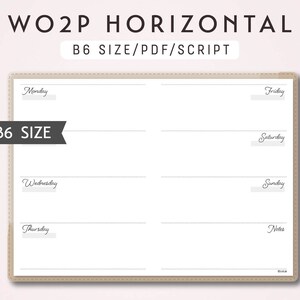 B6 TN Week on 2 Pages WO2P Horizontal - Printable Traveler&#39;s Notebook Insert - Script Theme